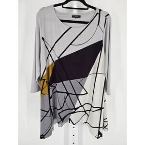 Alfani Woman Womens Sz 1X 3/4 Sleeve Tunic Blouse Gray Black Abstract Print